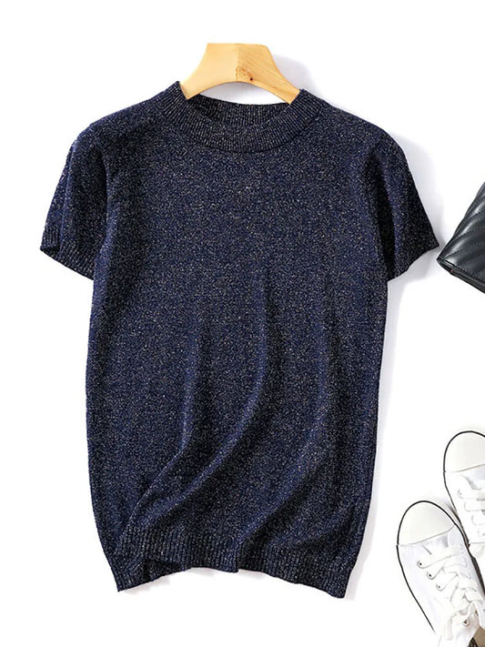 Shiny Lurex 2025 Spring Summer O Neck Mix Color Patchwork Sweater Women Casual Short Sleeve Pullover Knit Jumper Korean Tops