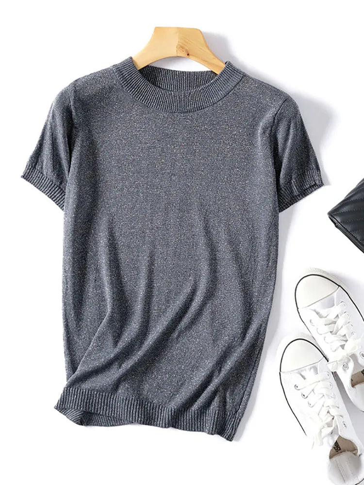 Shiny Lurex 2025 Spring Summer O Neck Mix Color Patchwork Sweater Women Casual Short Sleeve Pullover Knit Jumper Korean Tops