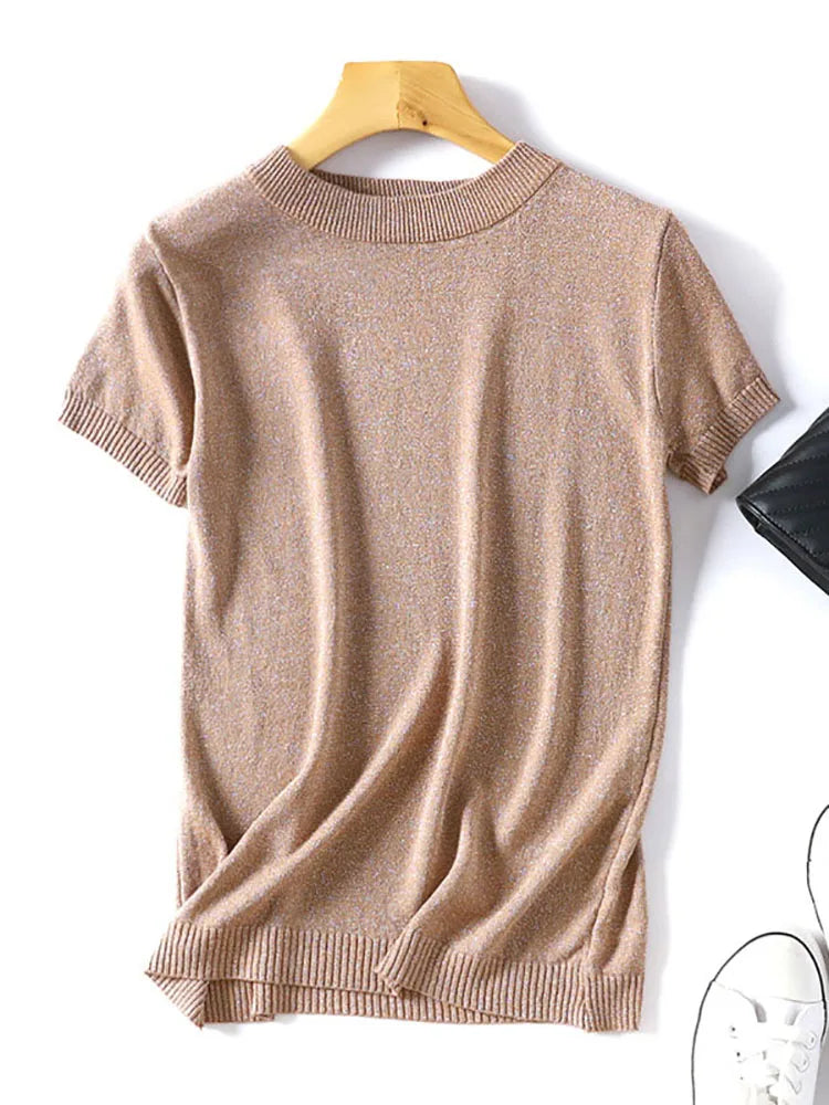 Shiny Lurex 2025 Spring Summer O Neck Mix Color Patchwork Sweater Women Casual Short Sleeve Pullover Knit Jumper Korean Tops