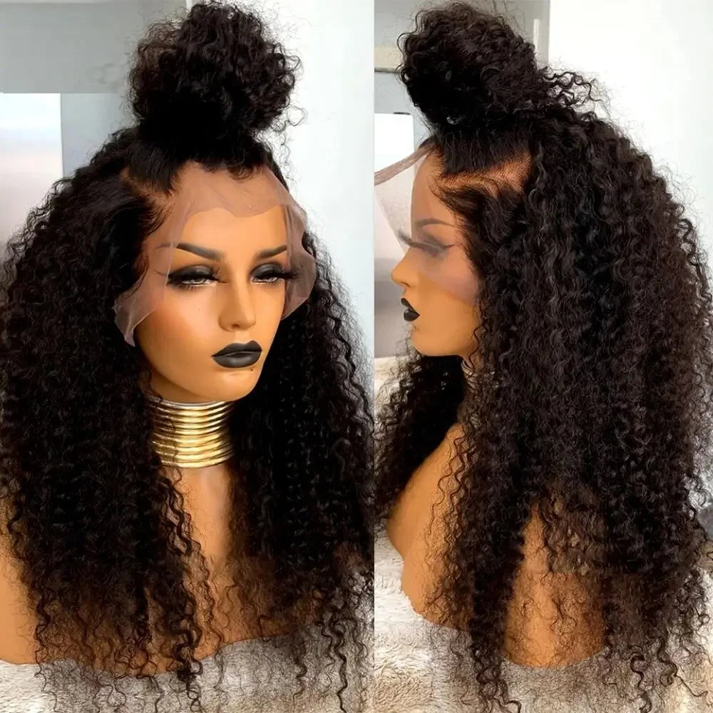26Inch 180Density Natural Black Soft Long Kinky Curly Deep Lace Front Wig For Women Babyhair Glueless Preplucked Daily
