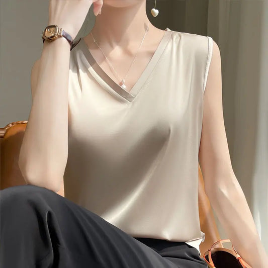 V-Neck Silk Vest Women's Summer Short-Sleeved Blouse With Acetic Acid Satin Top Sleeveless Bottoming Shirt YTM A39