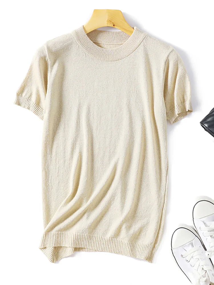Shiny Lurex 2025 Spring Summer O Neck Mix Color Patchwork Sweater Women Casual Short Sleeve Pullover Knit Jumper Korean Tops