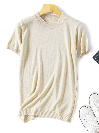 Shiny Lurex 2025 Spring Summer O Neck Mix Color Patchwork Sweater Women Casual Short Sleeve Pullover Knit Jumper Korean Tops