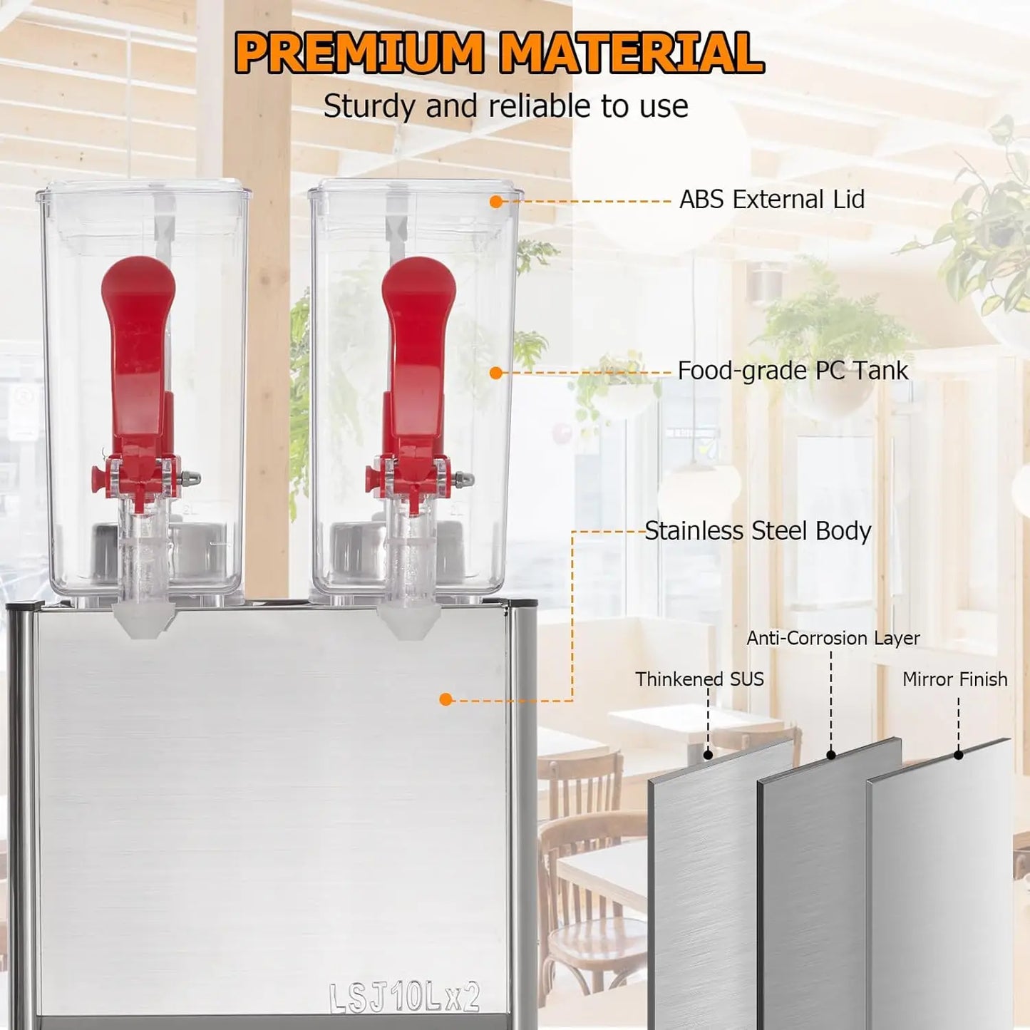 Commercial Beverage Dispenser, Towallmark 2 Tanks 5.28 Gallon 20L Commercial Juice Dispenser, 10 Liter Per Tank, 280W