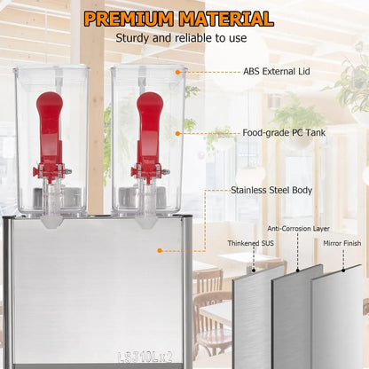 Commercial Beverage Dispenser, Towallmark 2 Tanks 5.28 Gallon 20L Commercial Juice Dispenser, 10 Liter Per Tank, 280W