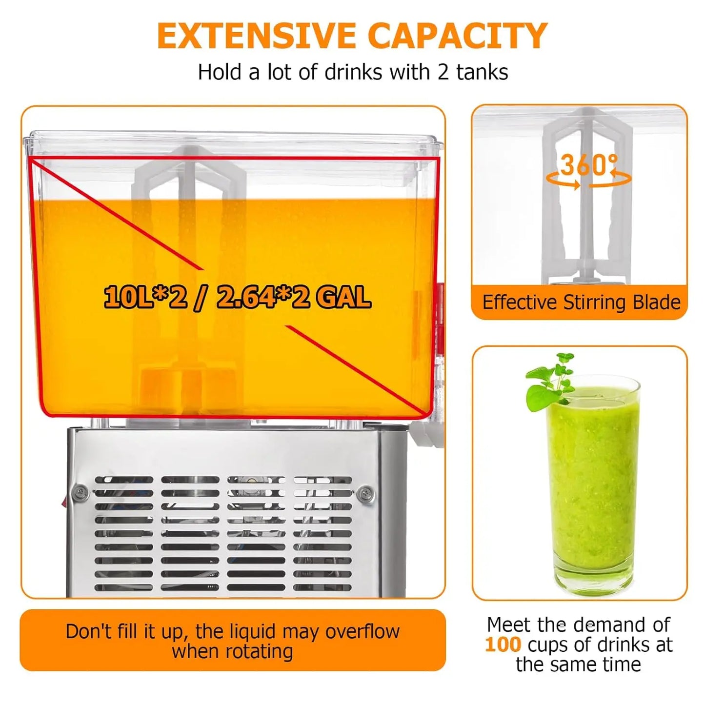 Commercial Beverage Dispenser, Towallmark 2 Tanks 5.28 Gallon 20L Commercial Juice Dispenser, 10 Liter Per Tank, 280W