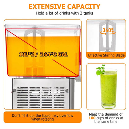 Commercial Beverage Dispenser, Towallmark 2 Tanks 5.28 Gallon 20L Commercial Juice Dispenser, 10 Liter Per Tank, 280W