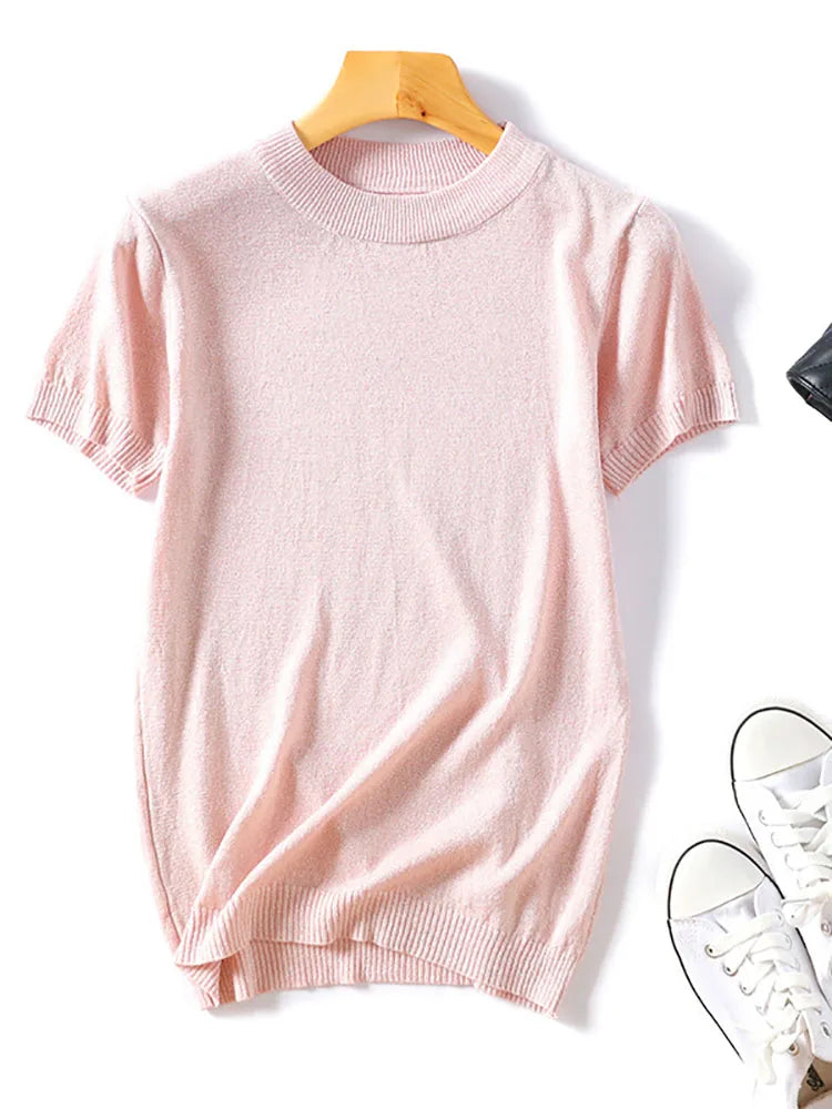 Shiny Lurex 2025 Spring Summer O Neck Mix Color Patchwork Sweater Women Casual Short Sleeve Pullover Knit Jumper Korean Tops