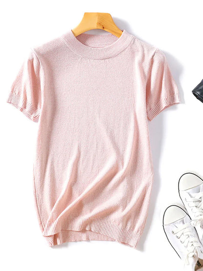 Shiny Lurex 2025 Spring Summer O Neck Mix Color Patchwork Sweater Women Casual Short Sleeve Pullover Knit Jumper Korean Tops