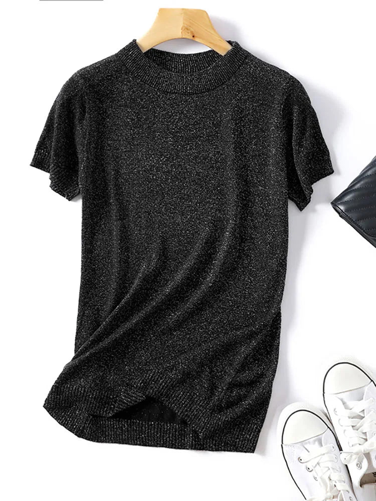 Shiny Lurex 2025 Spring Summer O Neck Mix Color Patchwork Sweater Women Casual Short Sleeve Pullover Knit Jumper Korean Tops