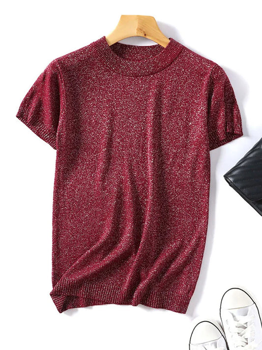 Shiny Lurex 2025 Spring Summer O Neck Mix Color Patchwork Sweater Women Casual Short Sleeve Pullover Knit Jumper Korean Tops