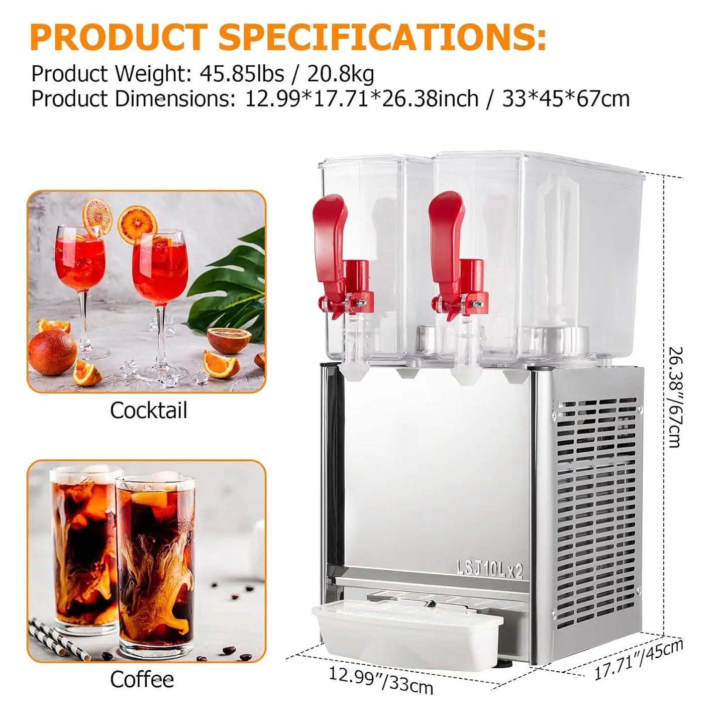 Commercial Beverage Dispenser, Towallmark 2 Tanks 5.28 Gallon 20L Commercial Juice Dispenser, 10 Liter Per Tank, 280W