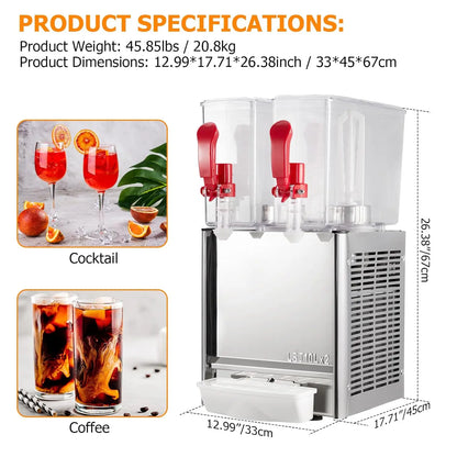 Commercial Beverage Dispenser, Towallmark 2 Tanks 5.28 Gallon 20L Commercial Juice Dispenser, 10 Liter Per Tank, 280W
