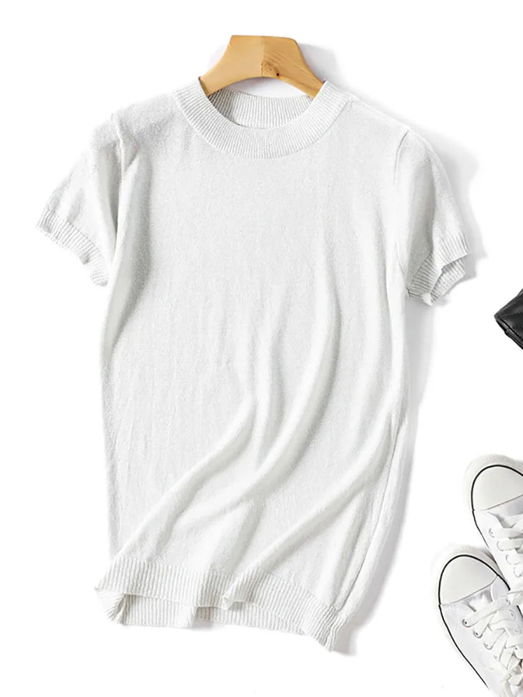 Shiny Lurex 2025 Spring Summer O Neck Mix Color Patchwork Sweater Women Casual Short Sleeve Pullover Knit Jumper Korean Tops