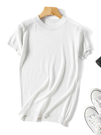 Shiny Lurex 2025 Spring Summer O Neck Mix Color Patchwork Sweater Women Casual Short Sleeve Pullover Knit Jumper Korean Tops