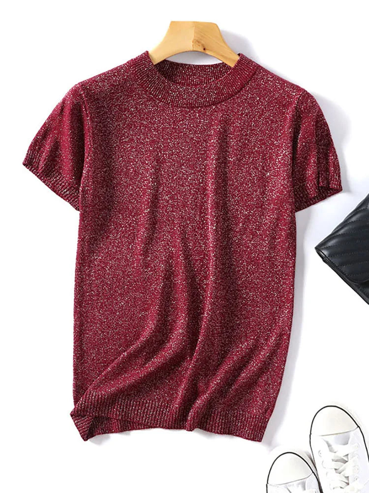 Shiny Lurex 2025 Spring Summer O Neck Mix Color Patchwork Sweater Women Casual Short Sleeve Pullover Knit Jumper Korean Tops
