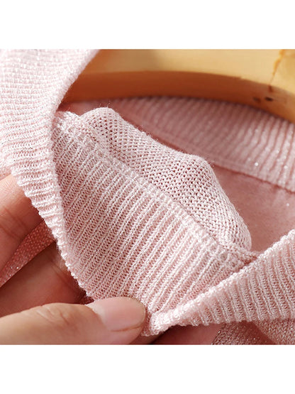 Shiny Lurex 2025 Spring Summer O Neck Mix Color Patchwork Sweater Women Casual Short Sleeve Pullover Knit Jumper Korean Tops