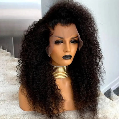 26Inch 180Density Natural Black Soft Long Kinky Curly Deep Lace Front Wig For Women Babyhair Glueless Preplucked Daily