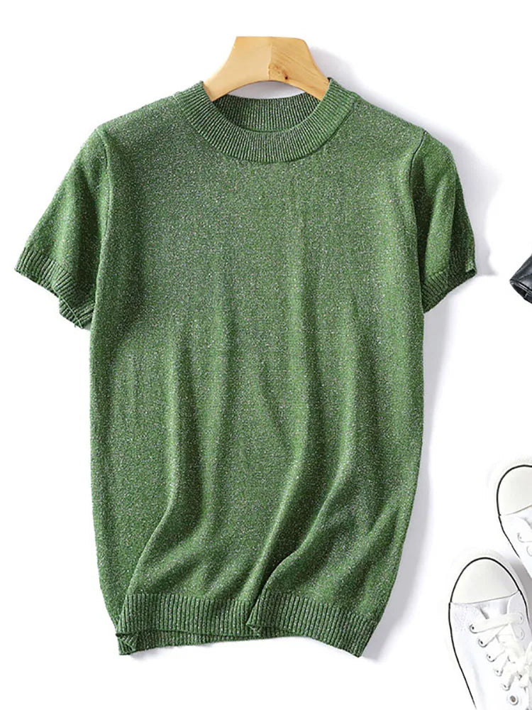 Shiny Lurex 2025 Spring Summer O Neck Mix Color Patchwork Sweater Women Casual Short Sleeve Pullover Knit Jumper Korean Tops
