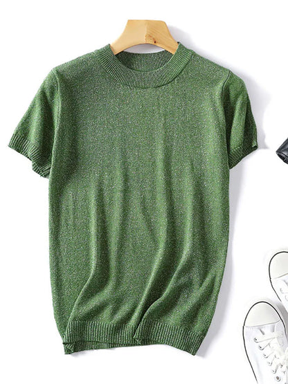 Shiny Lurex 2025 Spring Summer O Neck Mix Color Patchwork Sweater Women Casual Short Sleeve Pullover Knit Jumper Korean Tops