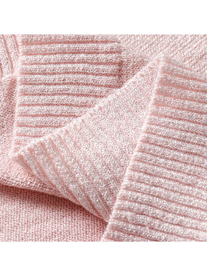 Shiny Lurex 2025 Spring Summer O Neck Mix Color Patchwork Sweater Women Casual Short Sleeve Pullover Knit Jumper Korean Tops