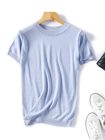 Shiny Lurex 2025 Spring Summer O Neck Mix Color Patchwork Sweater Women Casual Short Sleeve Pullover Knit Jumper Korean Tops